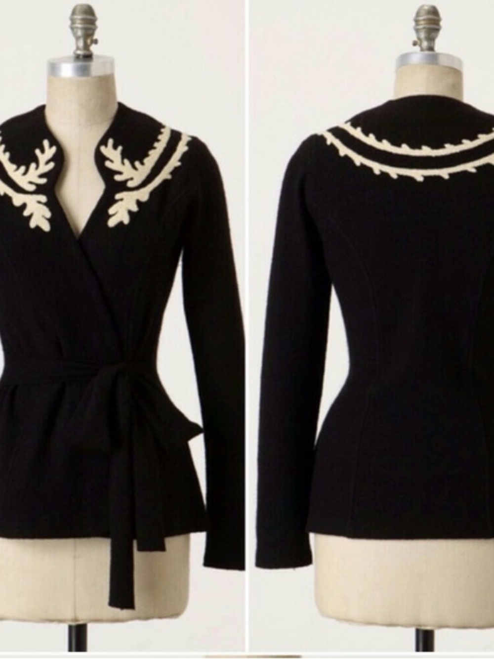 Guinevere Merino Wool Black Wrap Cardigan with Cream Embroidered Collar